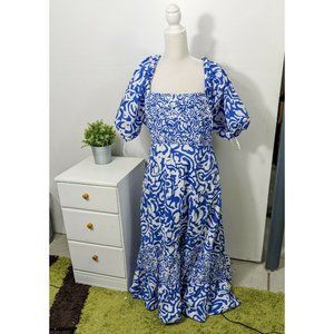 Tanya Taylor Vibrant Blue and White Patterned Maxi Dress